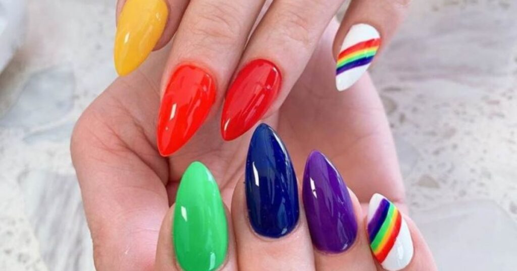 Long Rainbow Nails with Nude Base Nail Art